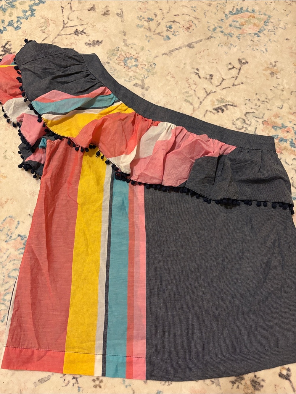 Trina Turk One Shoulder Los Angeles Colorful Striped Pompom Top Size L. So cute!